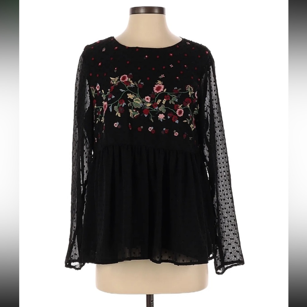 Jasmine & Juliana Size Small Black Blouse with Floral Embroidery